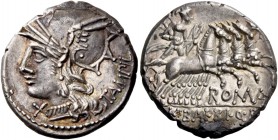 M. Baebius Q.f. Tampilus. Denarius 137, AR 3.95 g. Helmeted head of Roma l., wearing necklace of pendants; below chin, X. Behind, TAMPIL. Rev. Apollo ...