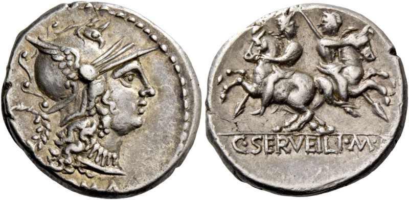 C. Serveilius M. f. Denarius 136, AR 4.06 g. Helmeted head of Roma r.; behind, w...