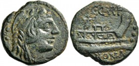 C. Curatius Trigeminus. Quadrans 135, Æ 4.30 g. Head of Hercules r., wearing lion’s skin; behind, three pellets. Rev. C·CVR·F Prow r.; on deck, Victor...