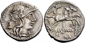 M. Marcius Mn. f. Denarius 134, AR 3.90 g. Helmeted head of Roma r.; behind, modius and below chin, *. Rev. Victory in biga r., holding reins and whip...