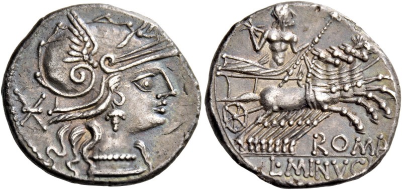 L. Minucius. Denarius 133, AR 3.91 g. Helmeted head of Roma r.; behind, *. Rev. ...