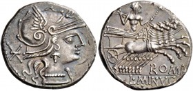 L. Minucius. Denarius 133, AR 3.91 g. Helmeted head of Roma r.; behind, *. Rev. Jupiter in prancing quadriga r., hurling thunderbolt and holding scept...