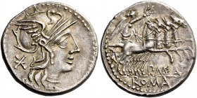 P. Maenius M. f. Antias or Antiaticus. Denarius 132, AR 3.92 g. Helmeted head of Roma r.; behind mark of value, *. Rev. Victory in prancing quadriga r...