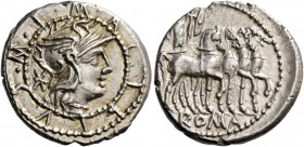 M. Acilius M. f. Denarius 130, AR 4.02 g. M·ACILIVS·M·F within double border of dots, around helmeted head of Roma r.; behind, *. Rev. Hercules in qua...