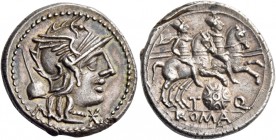 T. Quinctius Flamininus. Denarius 126, AR 3.93 g. Helmeted head of Roma r.; behind, apex and before, *. Rev. The Dioscuri galloping r.; below, Macedon...