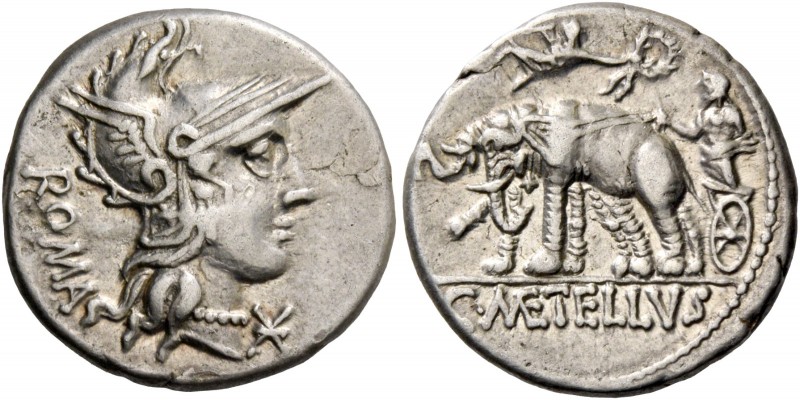 C. Caecilius Metellus Caprarius. Denarius 125, AR 3.87 g. Head of Roma r., weari...