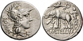 C. Caecilius Metellus Caprarius. Denarius 125, AR 3.87 g. Head of Roma r., wearing Phrygian helmet; below chin, * and behind, ROMA. Rev. Jupiter, crow...