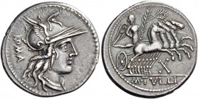 M. Tullius. Denarius 121, AR 3.90 g. Helmeted head of Roma r.; behind, ROMA. Rev. Victory in prancing quadriga r., holding palm branch; above, wreath ...