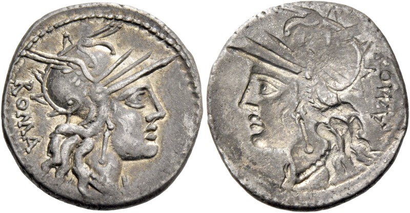 M. Tullius. Denarius 121, AR 3.92 g. Helmeted head of Roma r.; behind, ROMA. Rev...