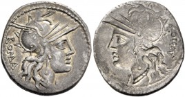 M. Tullius. Denarius 121, AR 3.92 g. Helmeted head of Roma r.; behind, ROMA. Rev. Same type incuse. Fro type, cf. Babelon Tullia 1. Sydenham 531. RBW ...