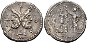 M. Furius L.f. Philus. Denarius 121, AR 3.80 g. M·FOVRI·L·F Laureate head of Janus. Rev. Roma standing l., wearing Corinthian helmet and holding scept...