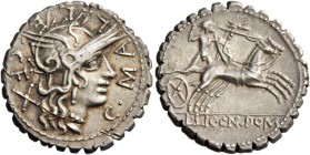 L. Licinius Crassus, Cn. Domitius Ahenobarbus and associates. Denarius serratus, Narbo 118, AR 3.90 g. Head of Roma r., wearing Phrygian helmet; behin...