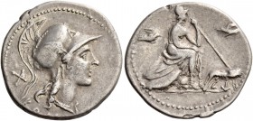 Anonymous issues. Denarius circa 115-114, AR 3.86 g. Head of Roma r., wearing winged Corinthian helmet.; behind, X and below, ROMA. Rev. Roma seated r...