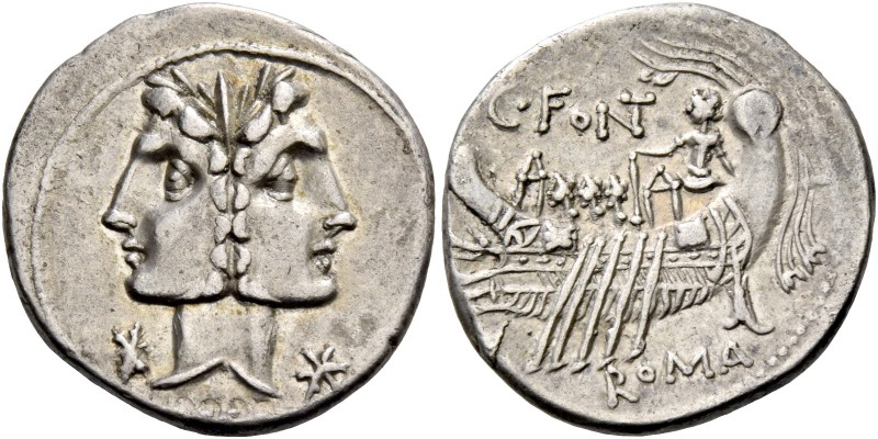 C. Fonteius. Denarius 114 or 113, AR 3.93 g. Laureate Janiform head of Dioscuri;...