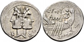 C. Fonteius. Denarius 114 or 113, AR 3.93 g. Laureate Janiform head of Dioscuri; on either side, *. Rev. Galley l.; above C·FONT. Below, ROMA. Babelon...