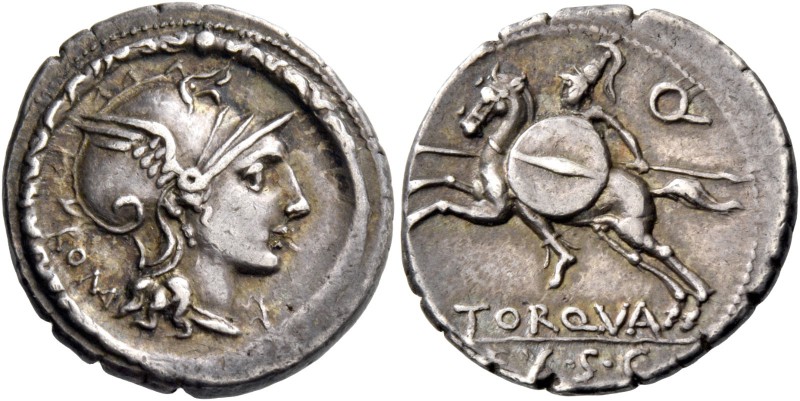 L. Manlius Torquatus. Denarius 113 or 112, AR 3.92 g. Helmeted head of Roma r.; ...