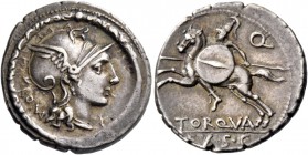 L. Manlius Torquatus. Denarius 113 or 112, AR 3.92 g. Helmeted head of Roma r.; behind, ROMA and below, chin X. All within torque. Rev. Horseman charg...