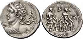 L. Caesius. Denarius 112 or 111, AR 3.94 g. Bust of Apollo l. seen from behind, holding thunderbolt in upraised r. hand; in r. field, ROMA in monogram...