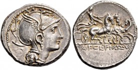 Appius Claudius Pulcher, T Manlius Mancinus and Q. Urbinius. Denarius 111 or 110, AR 3.91 g. Helmeted head of Roma r.; behind, quadrangular device. Re...