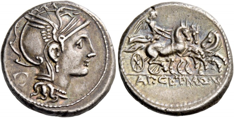 Appius Claudius Pulcher, T Manlius Mancinus and Q. Urbinius. Denarius 111 or 110...