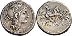 Appius Claudius Pulcher, T Manlius Mancinus and Q. Urbinius. Denarius 111 or 110, AR 3.98 g. Helmeted head of Roma r.; behind, triangular device. Rev....