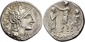 P. Laeca. Denarius circa 110 or 109, AR 4.00 g. Helmeted head of Roma r.; below chin, mark of value *. Behind, P – LAECA and above helmet, ROMA. Rev. ...