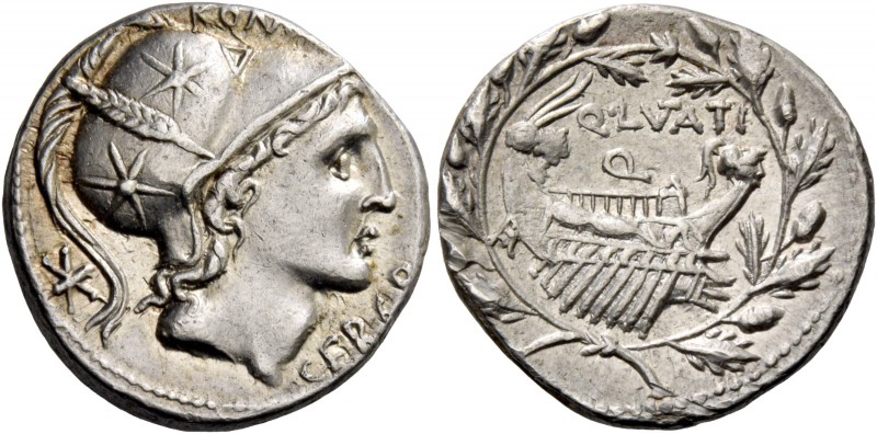 Q. Lutatio Cerco. Denarius 109 or 108, AR 3.86 g. Head of Roma r., wearing helme...