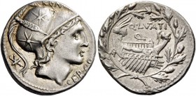 Q. Lutatio Cerco. Denarius 109 or 108, AR 3.86 g. Head of Roma r., wearing helmet decorated with stars; behind, *. Above, ROMA and below chin, CERCO. ...