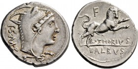 L. Thorius Balbus. Denarius 105, AR 3.96 g. Head of Juno Sospita r., wearing goat skin; behind, I.S·M·R. Rev. Bull butting r.; above, F and below, L·T...