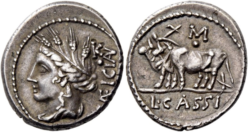 L. Cassius Caecianus. Denarius 102, AR 3.86 g. Draped bust of Ceres l., wearing ...