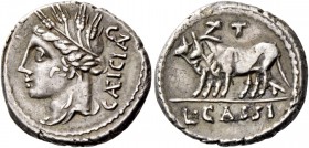 L. Cassius Caecianus. Denarius 102, AR 3.46 g. Draped bust of Ceres l., wearing barley-wreath; behind, CAEICIAN. In upper r. field on top of legend, G...