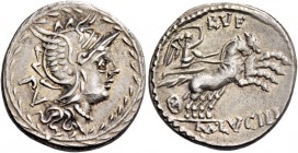 M. Lucilius Rufus. Denarius 101, AR 3.93 g. Helmeted head of Roma r.; behind, PV. All within laurel wreath. Rev. RVF Victory in biga r., holding reins...