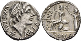 C. Publicius Malleolus, A. Postumius Sp. f. Albinus and L. Metellus. Denarius 96 (?), AR 3.90 g. L·METEL – A·ALB·S·F Laureate head of Apollo r.; below...