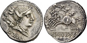 Postumius Albinus Sp. f. Denarius late 90s, AR 3.97. Diademed head of Diana r., bow and quiver on her shoulder; below, ROMA. Rev. Three horseman charg...