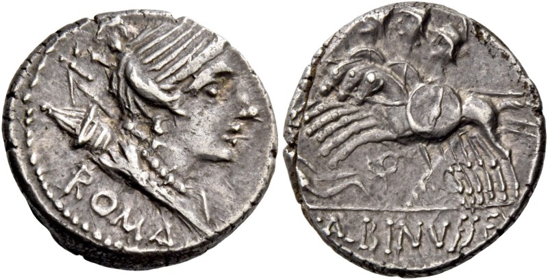 A. Postumius Albinus Sp.f. Denarius 96 (?), AR 3.89 g. Diademed head of Diana r....