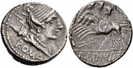 A. Postumius Albinus Sp.f. Denarius 96 (?), AR 3.89 g. Diademed head of Diana r., bow and quiver on her shoulder; below, ROMA. Rev. Three horseman cha...