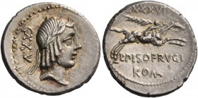 L. Piso Frugi. Denarius 90, AR 3.88 g. Laureate head of Apollo r.; behind, CXXV. Rev. Horseman galloping r., holding palm-branch; above, LXXXVI and be...