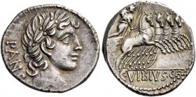 C. Vibius C.f. Pansa. Denarius 90, AR 3.73 g. PANSA Laureate head of Apollo r. Rev. Minerva in fast quadriga r., holding spear and reins in l. hand an...