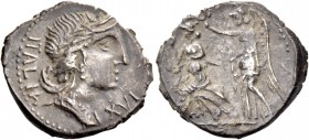 The Bellum Sociale. Denarius, Corfinium circa 89, AR 3.74 g. ITALIA Laureate head of Italia r.; below chin, XVI. Rev. Victory standing l., crowning It...
