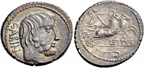 L. Tituri L.f. Sabinus. Denarius 89, AR 3.94 g. SABIN Head of King Tatius r. Rev. Victory in biga r., holding wreath; below, L·TITVRI and in exergue, ...