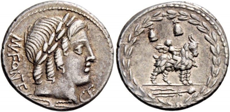Mn. Fonteius. Denarius 85, AR 4.00 g. MN·FONTEI – C·F Laureate head of Apollo r....