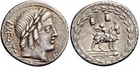 Mn. Fonteius. Denarius 85, AR 4.00 g. MN·FONTEI – C·F Laureate head of Apollo r.; below, thunderbolt. Rev. Cupid on goat r.; above, pileii. In exergue...