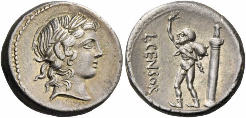 L. Marcius Censorinus. Denarius 82, AR 3.87 g. Laureate head of Apollo r. Rev. L...