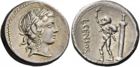 L. Marcius Censorinus. Denarius 82, AR 3.87 g. Laureate head of Apollo r. Rev. L·CENSOR Marsyas walking l. with r. arm raised and holding wine-skin ov...