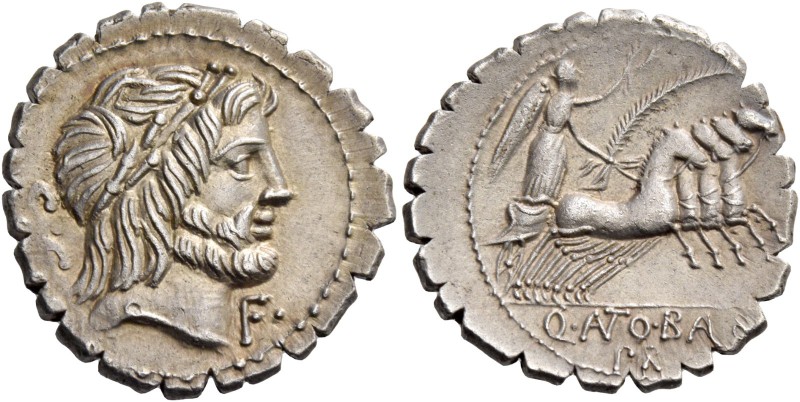 Q. Antonius Balbus. Denarius serratus 83-82, AR 3.70 g. Laureate head of Jupiter...