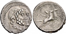 C. Marcius Censorinus. Denarius 88, AR 3.55 g. Jugate heads of Numa Pompilius, bearded, and Ancus Marcius, clean shaven, r. Rev. Desultor r., wearing ...