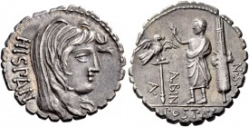 A. Postumius Albinus. Denarius serratus 81, AR 3.90 g. HISPAN Veiled head of Hispania r. Rev. A – POST·A·F – ·S·N – ALBIN Togate figure standing l., r...
