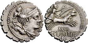 T. Claudius Nero. Denarius serratus 79, AR 4.01 g. Draped bust of Diana r., with bow and quiver over shoulder; before chin, S.C. Rev. Victory in pranc...