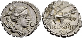 T. Claudius Nero. Denarius serratus 79, AR 3.95 g. Draped bust of Diana r., with bow and quiver over shoulder; before chin, S.C. Rev. Victory in pranc...