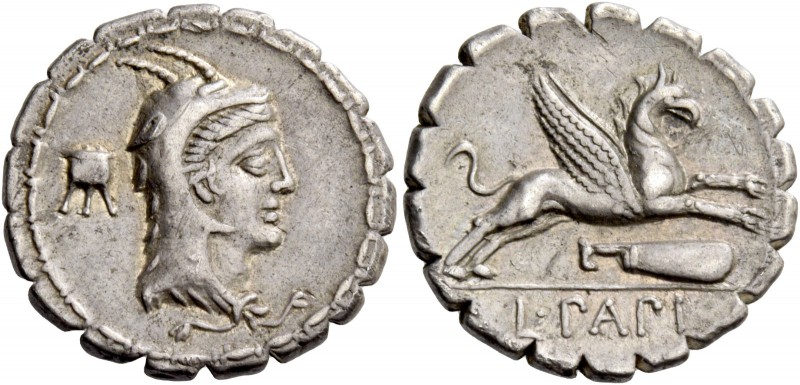 L. Papius. Denarius serratus 79, AR 3.95 g. Head of Juno Sospita r.; behind, but...